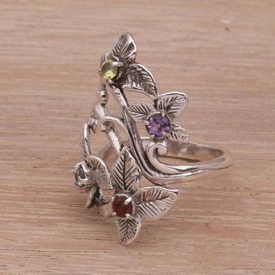 Alternate image for Balinese Multi-Gemstone Sterling Silver Floral Cocktail Ring Kembang Setaman