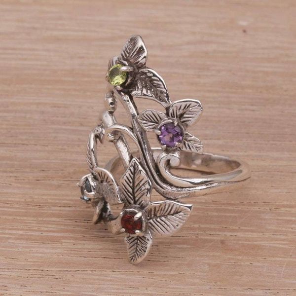 Alternate image for Balinese Multi-Gemstone Sterling Silver Floral Cocktail Ring Kembang Setaman