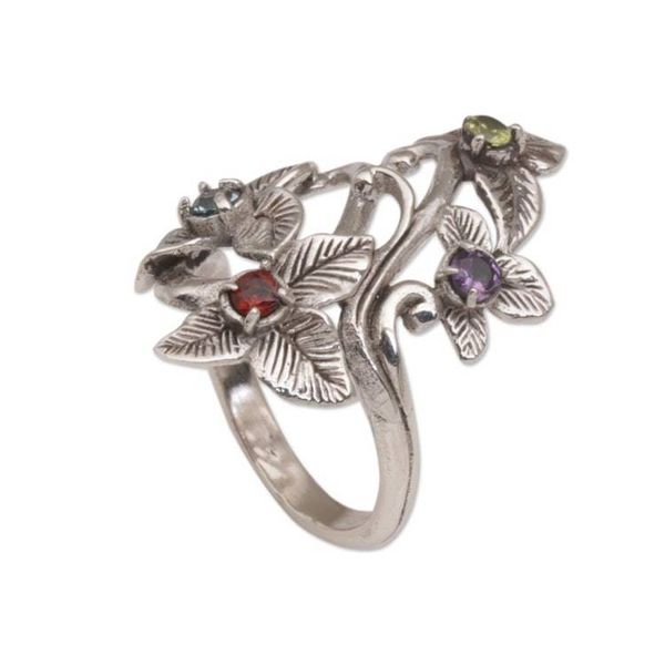 Alternate image for Balinese Multi-Gemstone Sterling Silver Floral Cocktail Ring Kembang Setaman