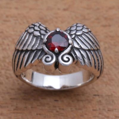 Alternate image for Wing Motif Garnet Band Ring from Bali Winged Glitter