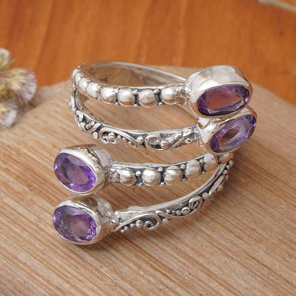 Faceted Amethyst and Sterling Silver Wrap Ring from Bali 'Enchanted Roots'