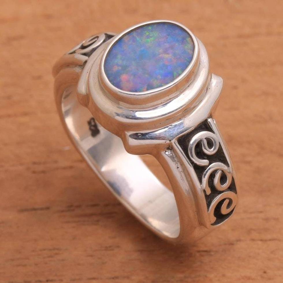 Opal Doublet Sterling Silver with Swirl Motifs Ring 'Opal Sky'