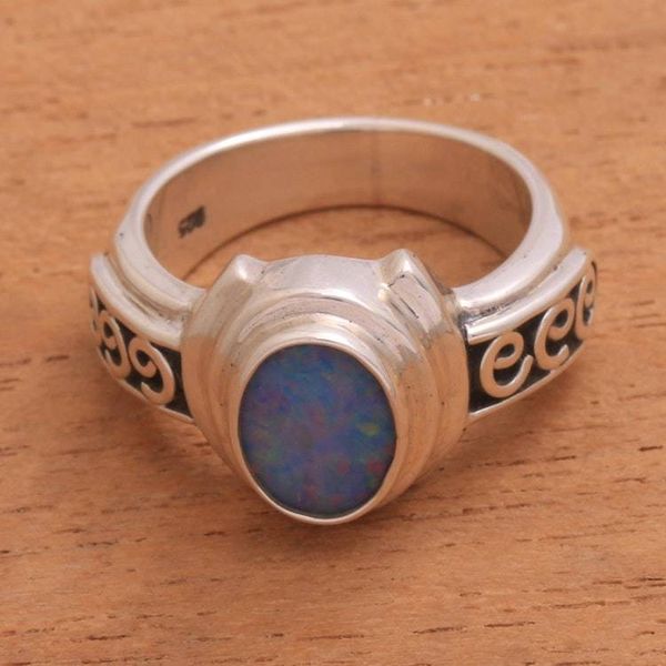 Alternate image for Opal Doublet Sterling Silver with Swirl Motifs Ring Opal Sky