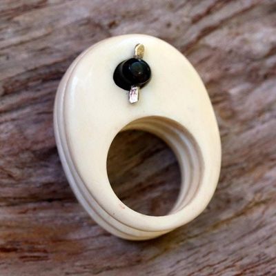 Alternate image for Unique Wood and Bone Cocktail Ring Ivory Waves