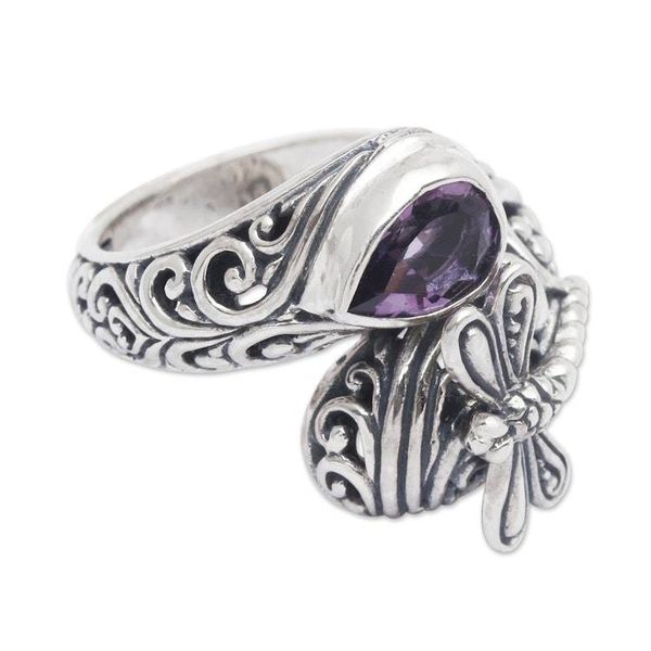 Alternate image for Traditional Dragonfly-Themed Amethyst Cocktail Ring Nirvana Dragonfly