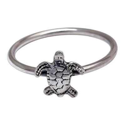 Alternate image for Polished Oxidized Sterling Silver Sea Turtle Band Ring Swimming Turtle