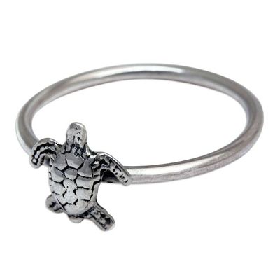 Alternate image for Polished Oxidized Sterling Silver Sea Turtle Band Ring Swimming Turtle