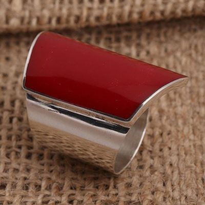 Primary image for Red Resin and Sterling Silver Chunky Cocktail Ring Red Trapeze