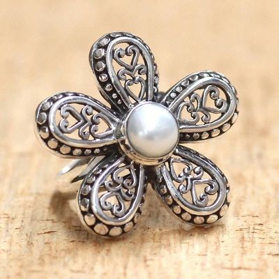 Primary image for Womens Cultured Pearl and Silver 925 Flower Ring White Plumeria
