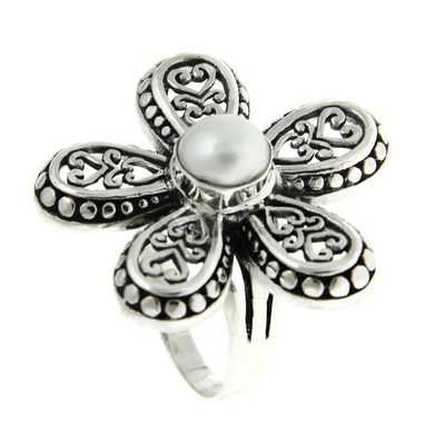 Alternate image for Womens Cultured Pearl and Silver 925 Flower Ring White Plumeria