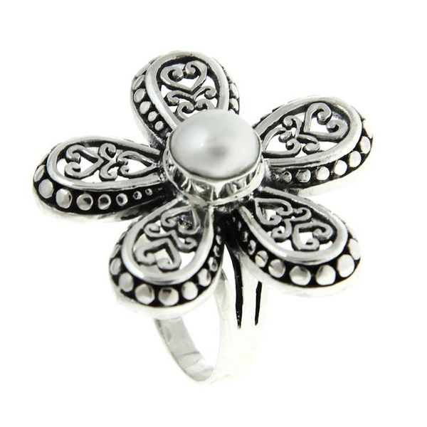 Alternate image for Womens Cultured Pearl and Silver 925 Flower Ring White Plumeria