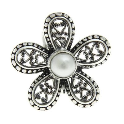 Alternate image for Womens Cultured Pearl and Silver 925 Flower Ring White Plumeria