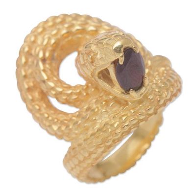 Alternate image for 18k Gold-Plated Snake Cocktail Ring with Garnet Stone Golden Cobra Queen
