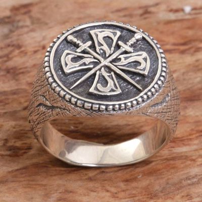 Primary image for Crossed Swords Sterling Silver Signet Ring for Men Indra Sword