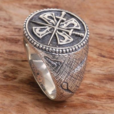 Alternate image for Crossed Swords Sterling Silver Signet Ring for Men Indra Sword