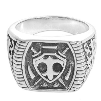 Primary image for Sterling Silver Shield Mens Signet Ring from Indonesia Shield of Indra