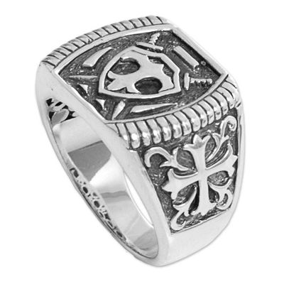 Alternate image for Sterling Silver Shield Mens Signet Ring from Indonesia Shield of Indra