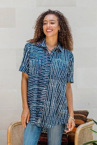 Primary image for Collared Cotton Batik Shirt from Bali Ocean Wave