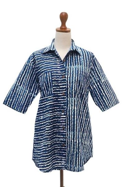 Alternate image for Collared Cotton Batik Shirt from Bali Ocean Wave