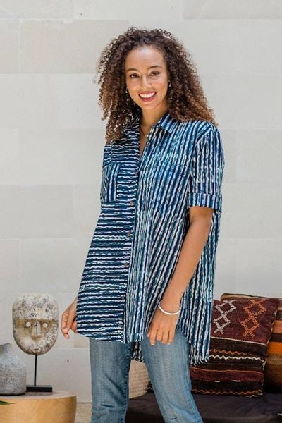 Alternate image for Collared Cotton Batik Shirt from Bali Ocean Wave