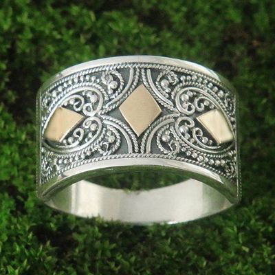 Primary image for Balinese Style Contemporary Silver Ring with Gold Accents Stars Over Bali
