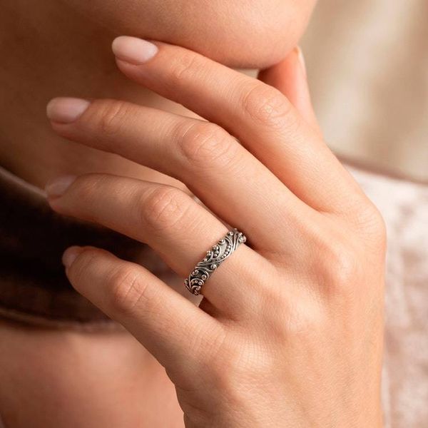 Alternate image for Balinese Spring-Inspired Oxidized Sterling Silver Band Ring Blooming Vow