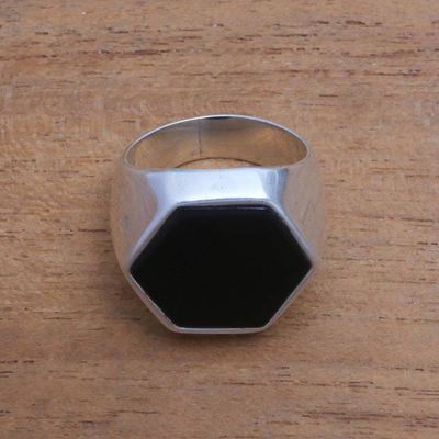 Primary image for Hexagonal Onyx Mens Signet Ring from Bali Dark Stamp