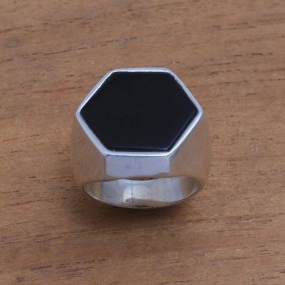 Alternate image for Hexagonal Onyx Mens Signet Ring from Bali Dark Stamp