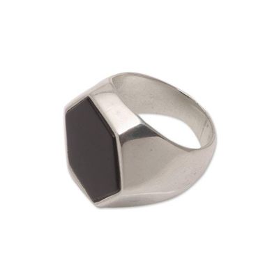 Alternate image for Hexagonal Onyx Mens Signet Ring from Bali Dark Stamp
