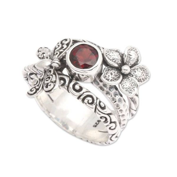 Alternate image for Floral Dragonfly-Themed Natural Garnet Cocktail Ring Passion Dragonfly