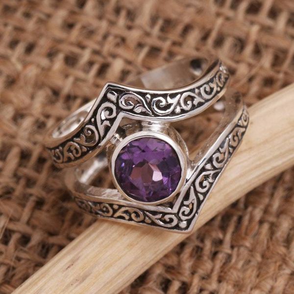 Alternate image for Bezel-Set Amethyst and Sterling Silver Cocktail Ring Grace and Charm in Purple