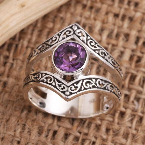 Alternate image for Bezel-Set Amethyst and Sterling Silver Cocktail Ring Grace and Charm in Purple
