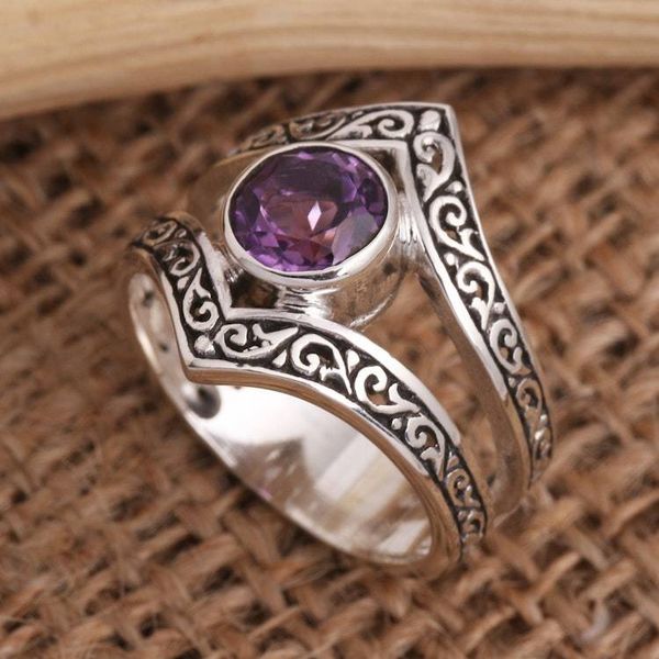 Alternate image for Bezel-Set Amethyst and Sterling Silver Cocktail Ring Grace and Charm in Purple