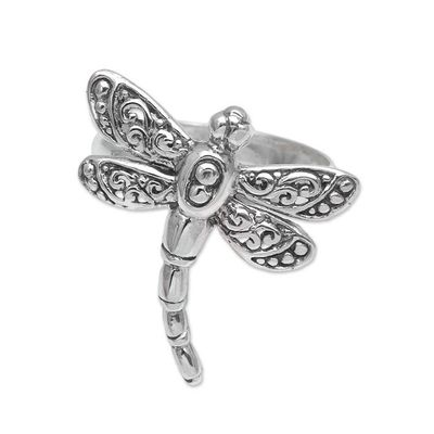 Alternate image for Sterling Silver Dragonfly Cocktail Ring Handmade in Bali Dance of the Dragonfly
