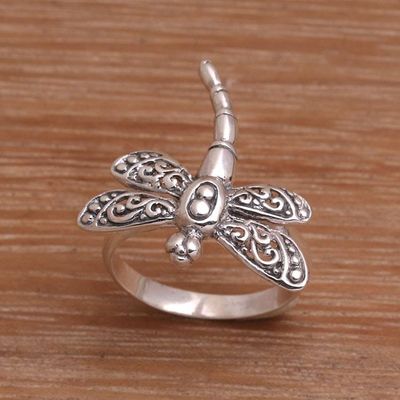 Alternate image for Sterling Silver Dragonfly Cocktail Ring Handmade in Bali Dance of the Dragonfly