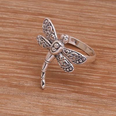 Alternate image for Sterling Silver Dragonfly Cocktail Ring Handmade in Bali Dance of the Dragonfly