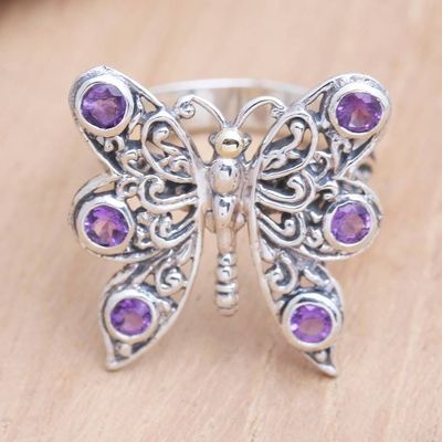 Primary image for Amethyst and Sterling Silver Butterfly Cocktail Ring Purple Monarch