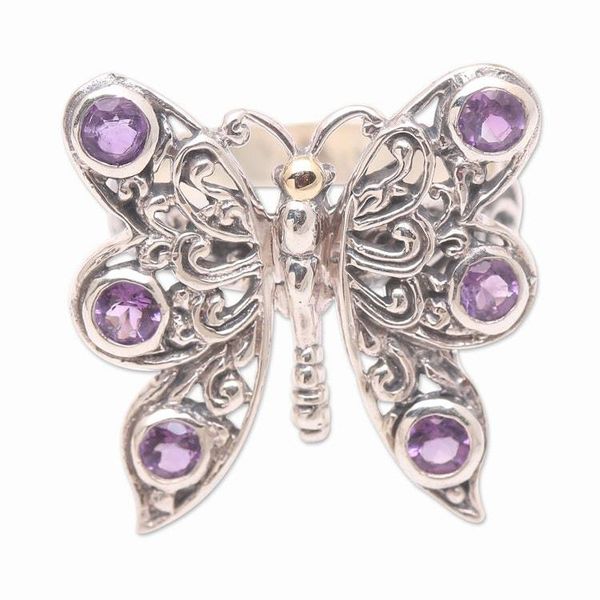 Alternate image for Amethyst and Sterling Silver Butterfly Cocktail Ring Purple Monarch