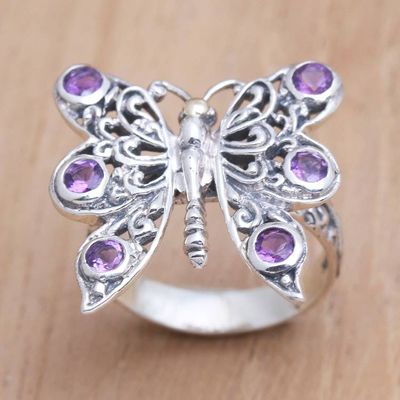Alternate image for Amethyst and Sterling Silver Butterfly Cocktail Ring Purple Monarch