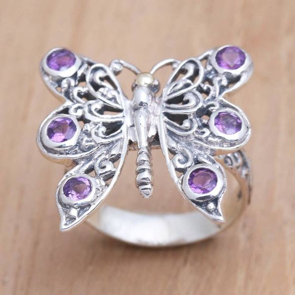 Alternate image for Amethyst and Sterling Silver Butterfly Cocktail Ring Purple Monarch