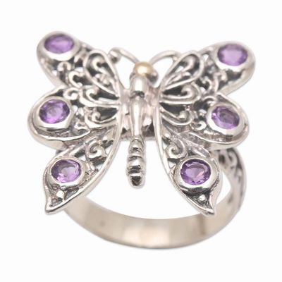 Alternate image for Amethyst and Sterling Silver Butterfly Cocktail Ring Purple Monarch