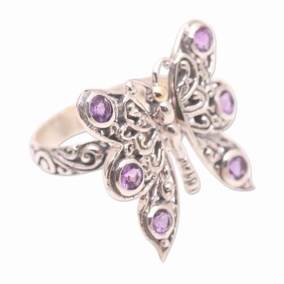 Alternate image for Amethyst and Sterling Silver Butterfly Cocktail Ring Purple Monarch