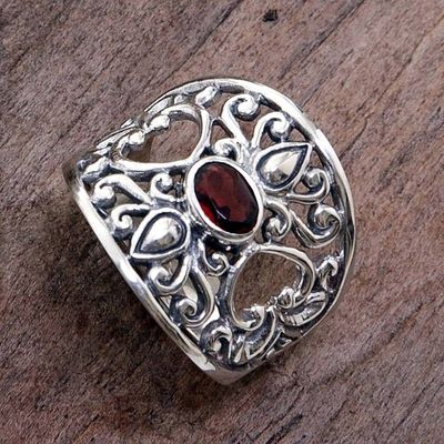 Alternate image for Fair Trade 925 Silver Jewelry Heart Band Ring with Garnet Garden of Passion