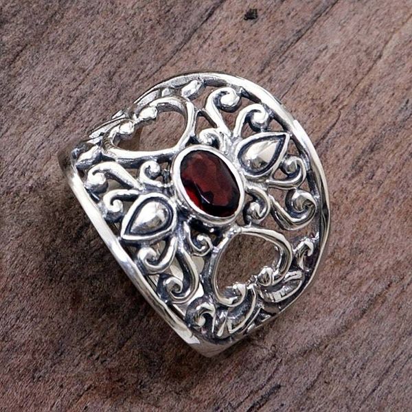 Alternate image for Fair Trade 925 Silver Jewelry Heart Band Ring with Garnet Garden of Passion