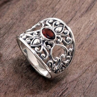 Alternate image for Fair Trade 925 Silver Jewelry Heart Band Ring with Garnet Garden of Passion