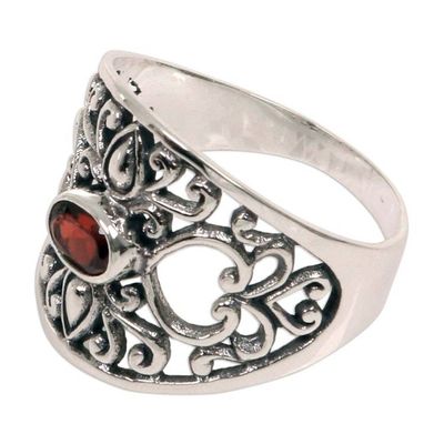 Alternate image for Fair Trade 925 Silver Jewelry Heart Band Ring with Garnet Garden of Passion