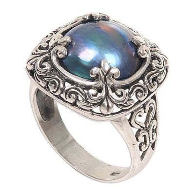 Alternate image for Mabe Pearl and Sterling Silver Floral Motif Cocktail Ring Blue Lunar