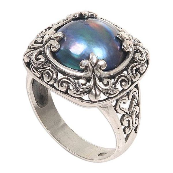 Alternate image for Mabe Pearl and Sterling Silver Floral Motif Cocktail Ring Blue Lunar
