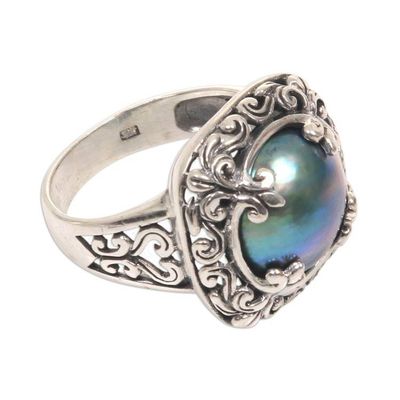 Alternate image for Mabe Pearl and Sterling Silver Floral Motif Cocktail Ring Blue Lunar