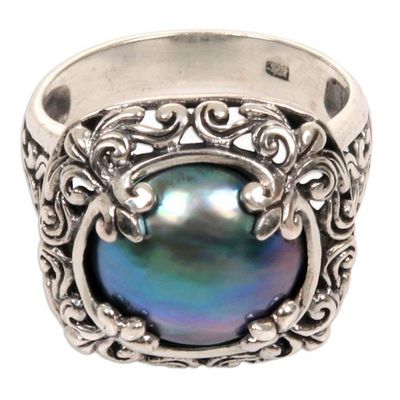 Alternate image for Mabe Pearl and Sterling Silver Floral Motif Cocktail Ring Blue Lunar